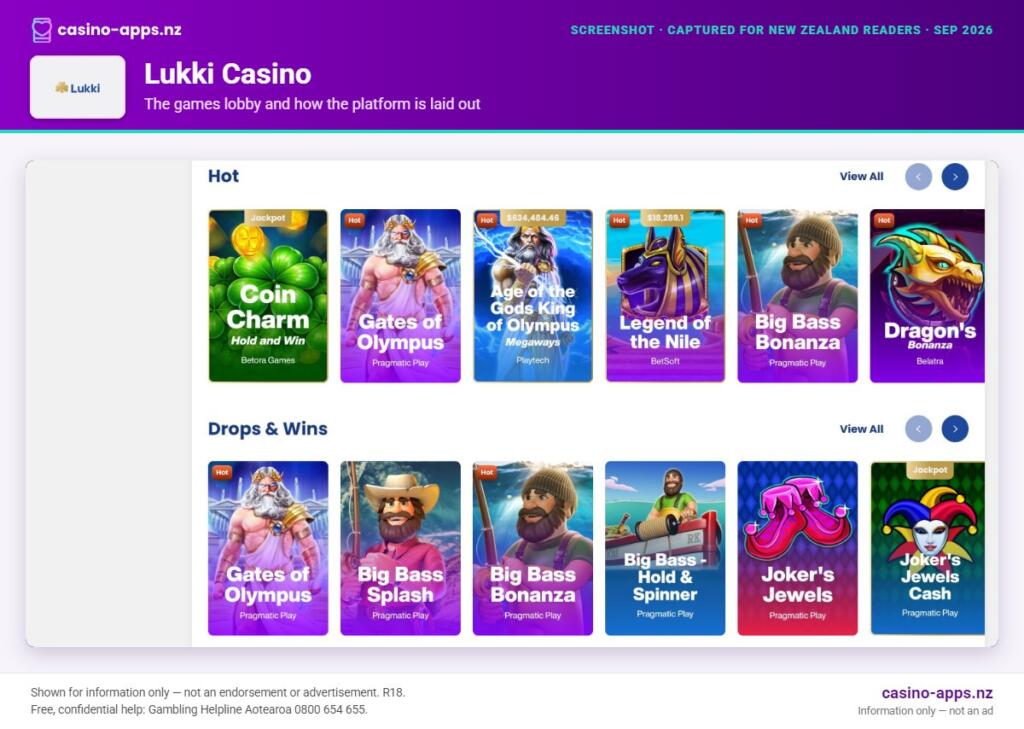 Lukki Casino games lobby and platform layout as seen by New Zealand players (September 2026)