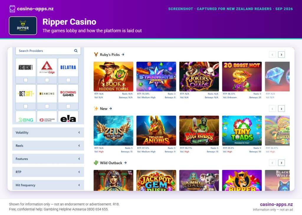 Ripper Casino games lobby and platform layout as seen by New Zealand players (September 2026)