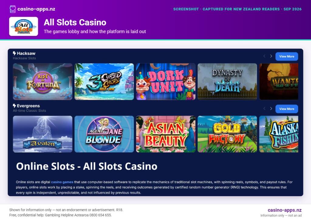 All Slots Casino games lobby and platform layout as seen by New Zealand players (September 2026)