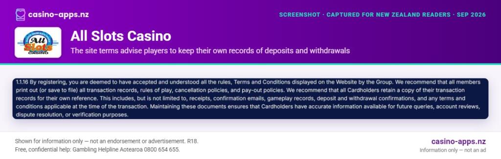 All Slots Casino payment and withdrawal information, reviewed for New Zealand players (September 2026)