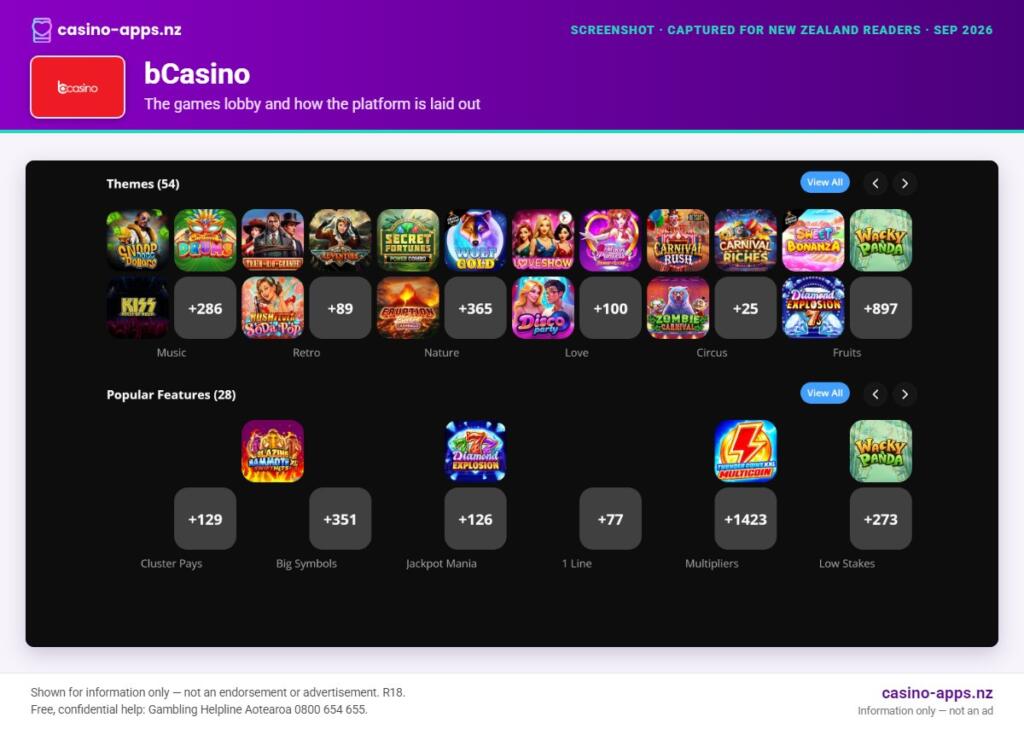 bCasino games lobby and platform layout as seen by New Zealand players (September 2026)
