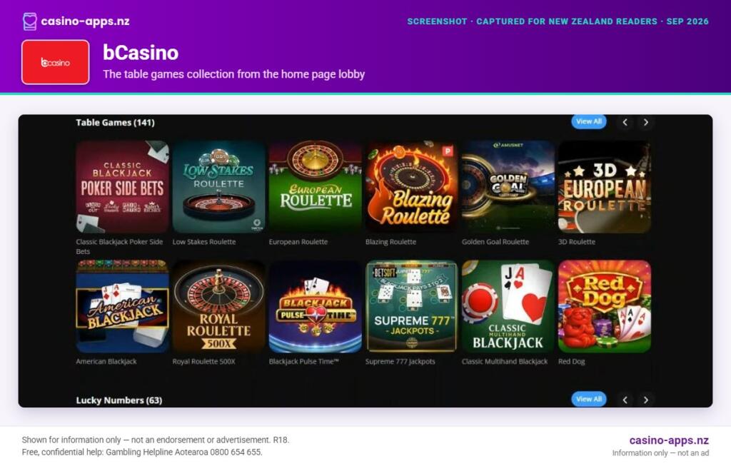 bCasino home page section showing what the casino offers, captured for New Zealand players (September 2026)