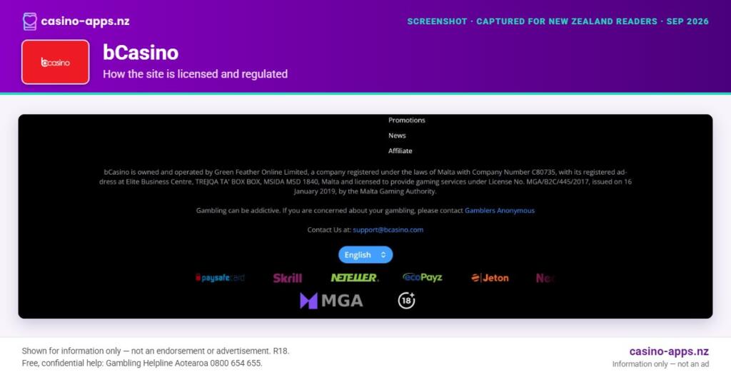 bCasino licensing and regulatory details, reviewed for New Zealand players (September 2026)