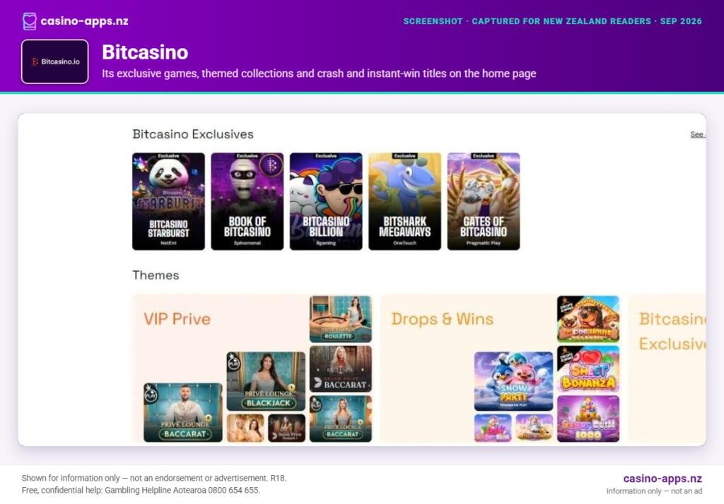 Bitcasino home page section showing what the casino offers, captured for New Zealand players (September 2026)