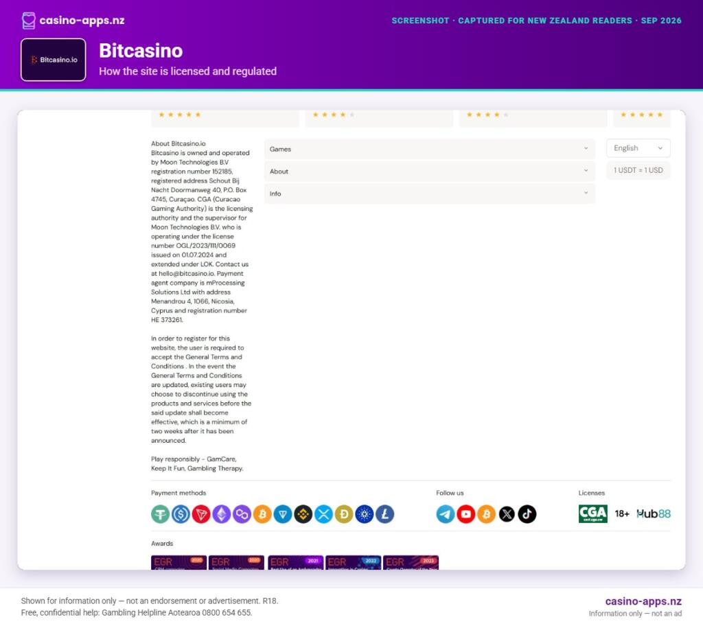 Bitcasino licensing and regulatory details, reviewed for New Zealand players (September 2026)