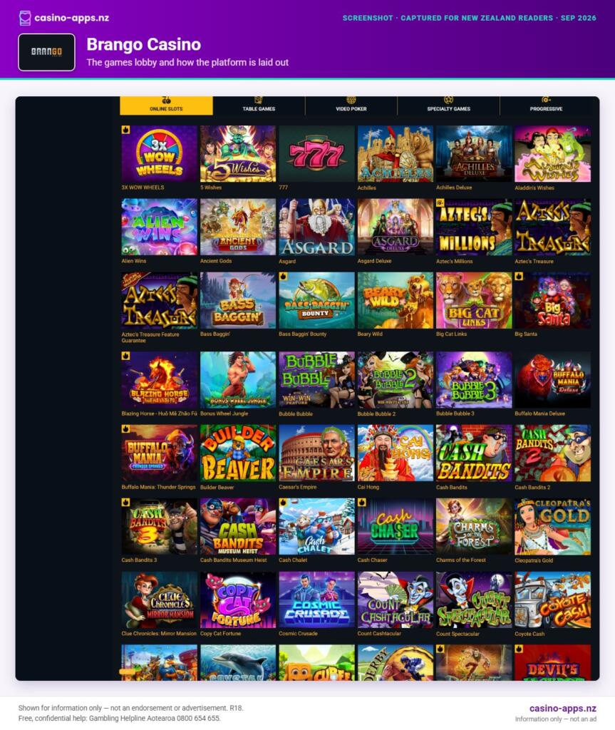 Brango Casino games lobby and platform layout as seen by New Zealand players (September 2026)