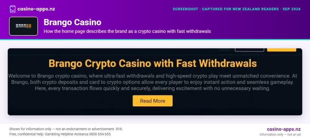 Brango Casino home page section showing what the casino offers, captured for New Zealand players (September 2026)