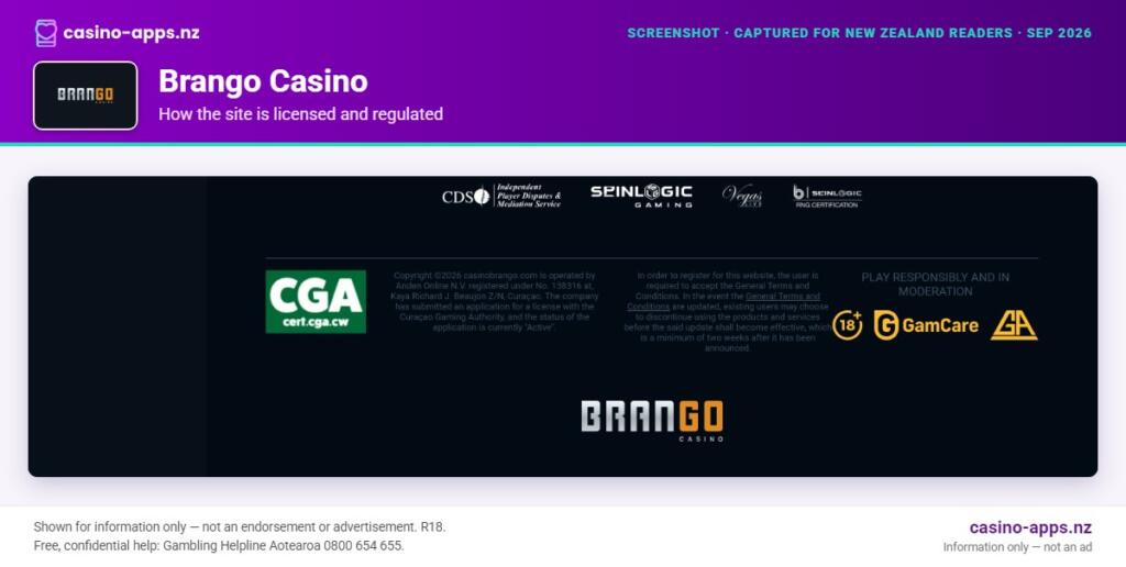 Brango Casino licensing and regulatory details, reviewed for New Zealand players (September 2026)