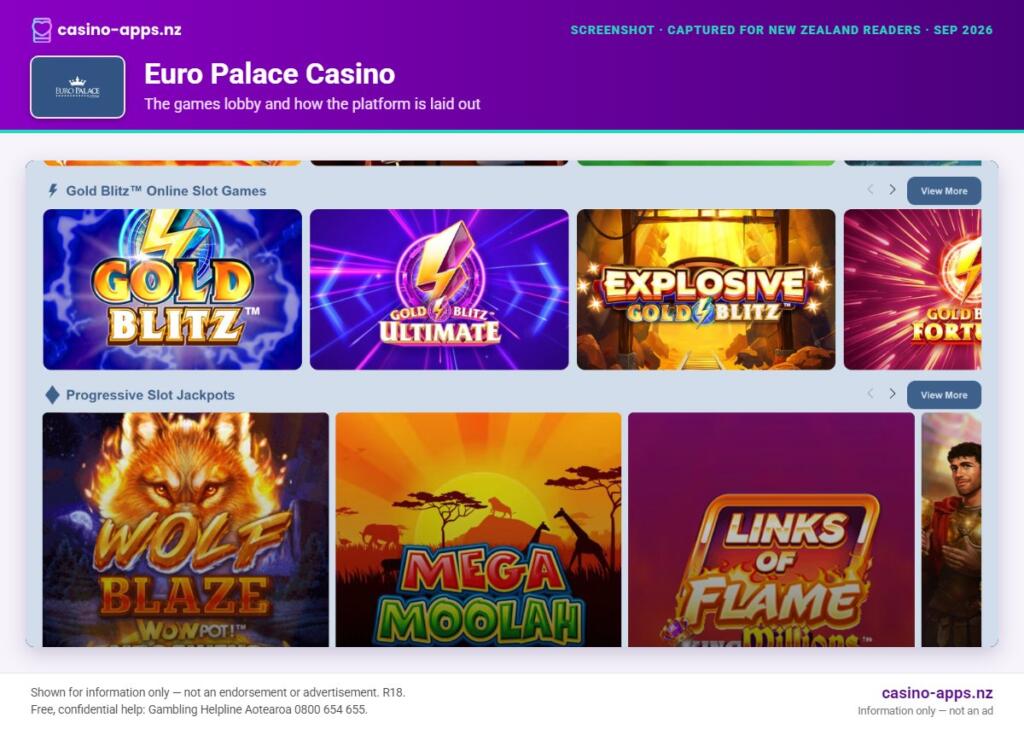 Euro Palace Casino games lobby and platform layout as seen by New Zealand players (September 2026)