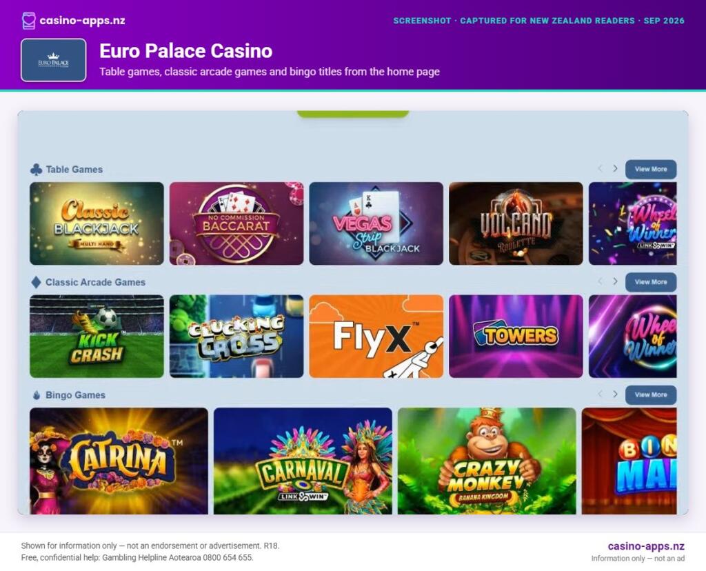 Euro Palace Casino home page section showing what the casino offers, captured for New Zealand players (September 2026)