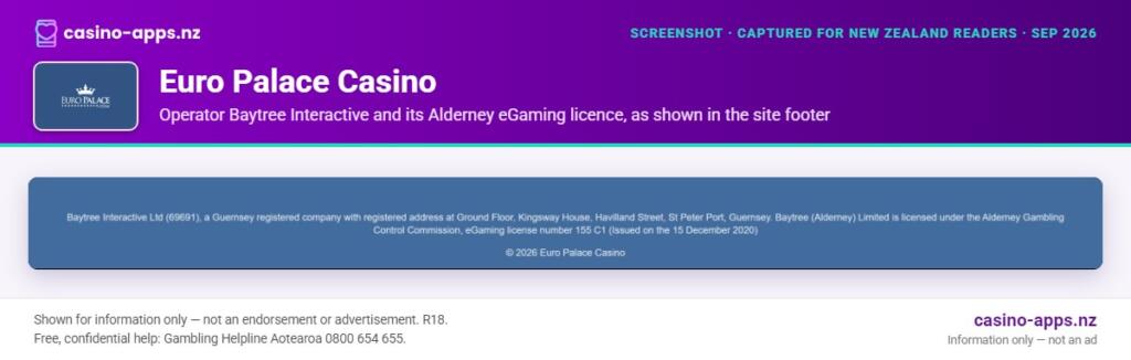 Euro Palace Casino licence and operator details shown on its website, reviewed for New Zealand players (September 2026)