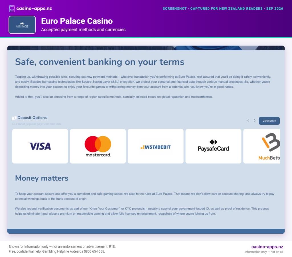 Euro Palace Casino payment methods and currency options for New Zealand players (September 2026)