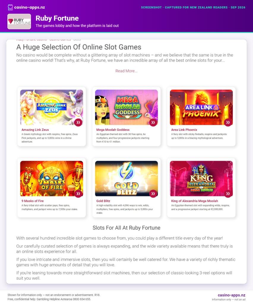 Ruby Fortune games lobby and platform layout as seen by New Zealand players (September 2026)