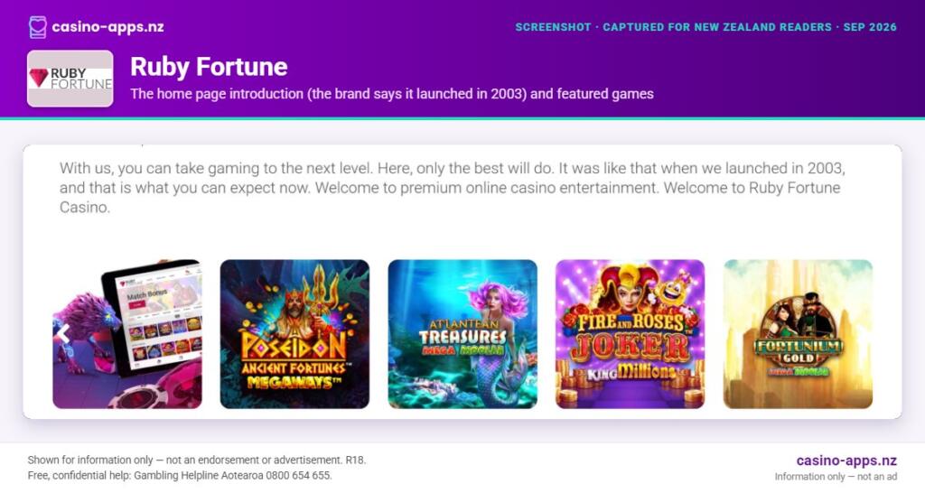 Ruby Fortune home page and featured games, reviewed for New Zealand players (September 2026)