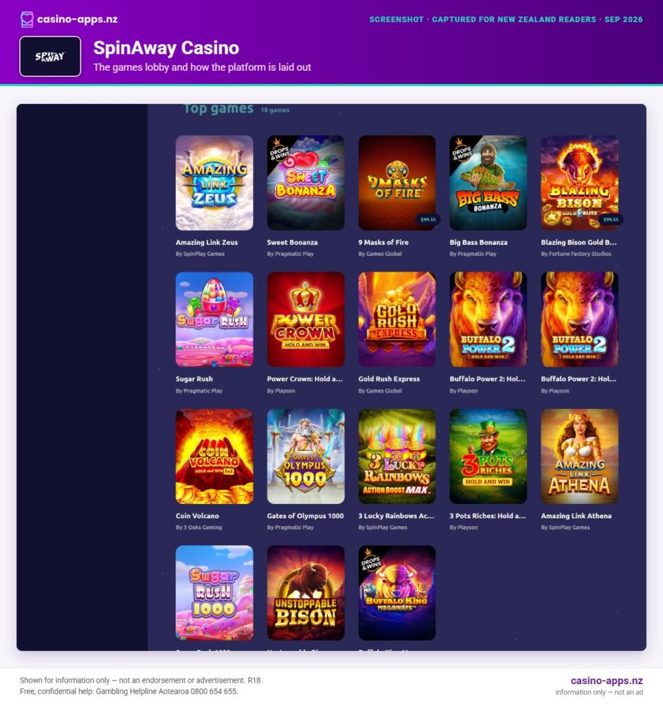 SpinAway Casino games lobby and platform layout as seen by New Zealand players (September 2026)