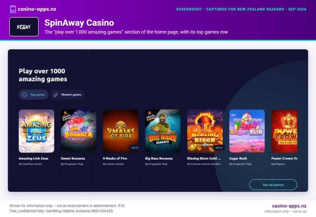 SpinAway Casino home page section showing what the casino offers, captured for New Zealand players (September 2026)