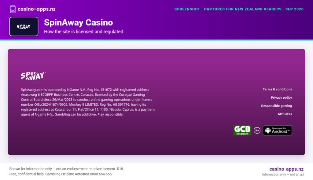 SpinAway Casino licensing and regulatory details, reviewed for New Zealand players (September 2026)