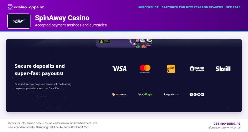 SpinAway Casino payment methods and currency options for New Zealand players (September 2026)