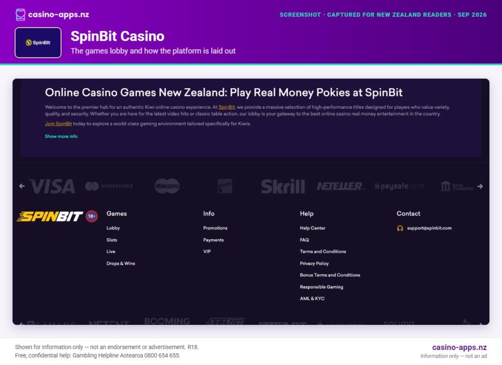 SpinBit Casino games lobby and platform layout as seen by New Zealand players (September 2026)