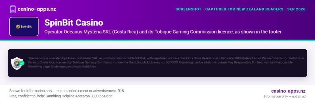 SpinBit Casino licence and operator details shown on its website, reviewed for New Zealand players (September 2026)