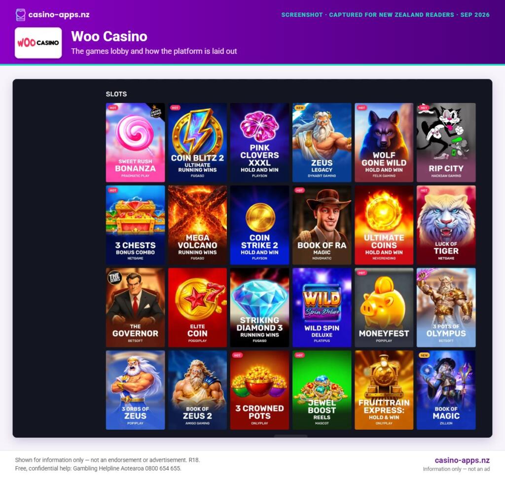 Woo Casino games lobby and platform layout as seen by New Zealand players (September 2026)