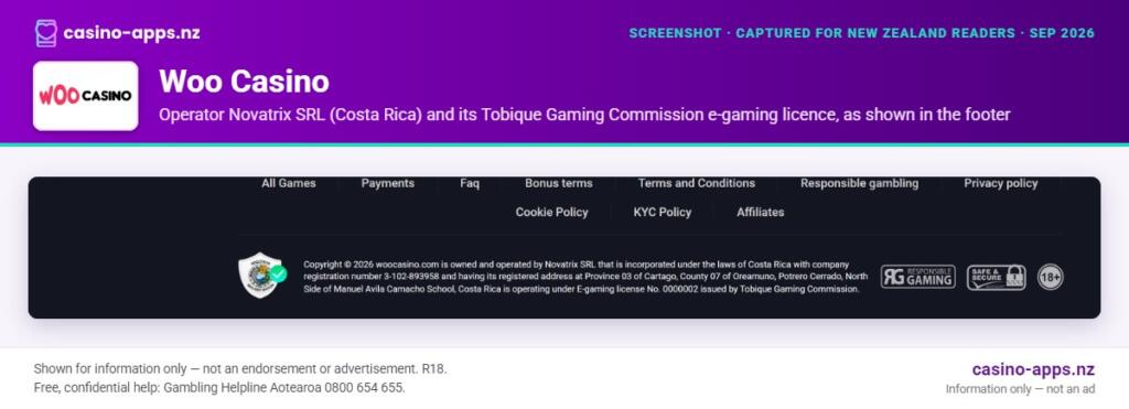 Woo Casino licence and operator details shown on its website, reviewed for New Zealand players (September 2026)
