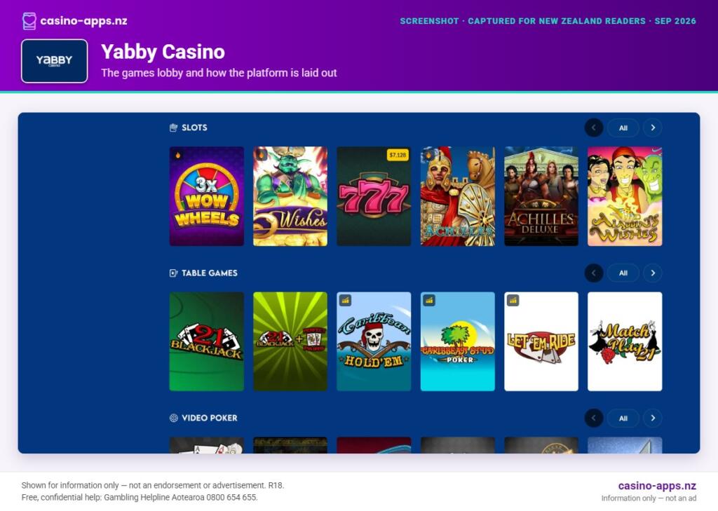 Yabby Casino games lobby and platform layout as seen by New Zealand players (September 2026)