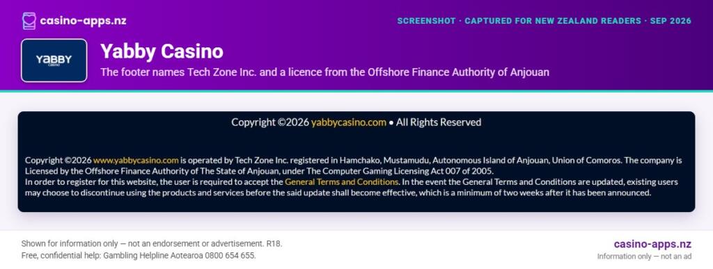 Yabby Casino licence and operator details shown on its website, reviewed for New Zealand players (September 2026)