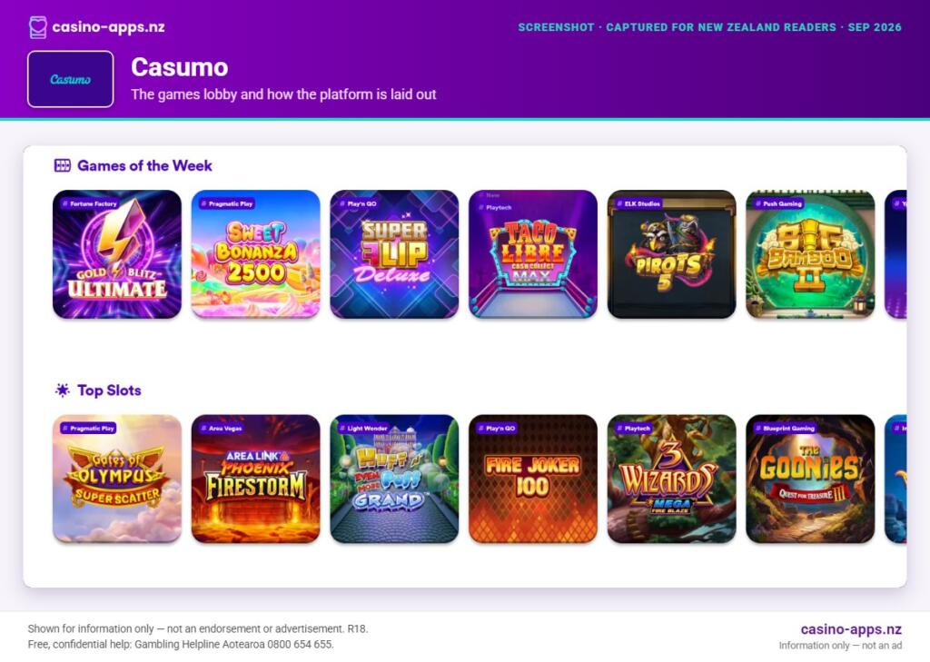 Casumo Casino games lobby and platform layout as seen by New Zealand players (September 2026)