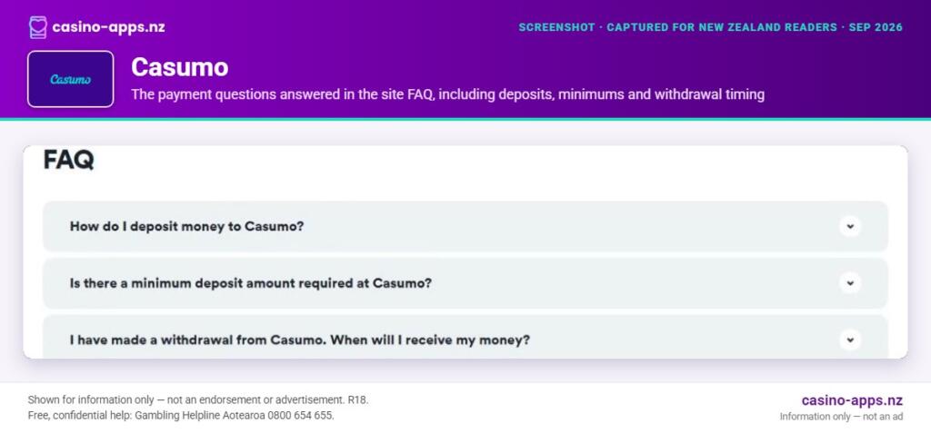Casumo Casino payment options shown on its website, captured for New Zealand players (September 2026)