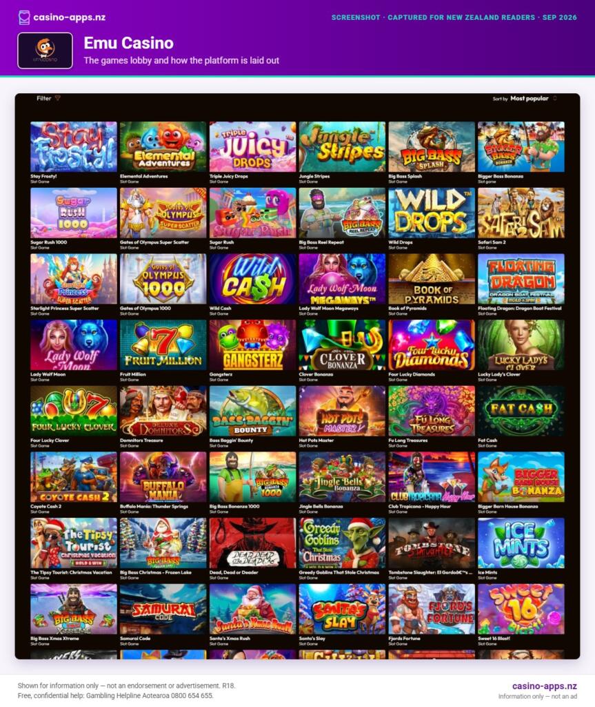Emu Casino games lobby and platform layout as seen by New Zealand players (September 2026)