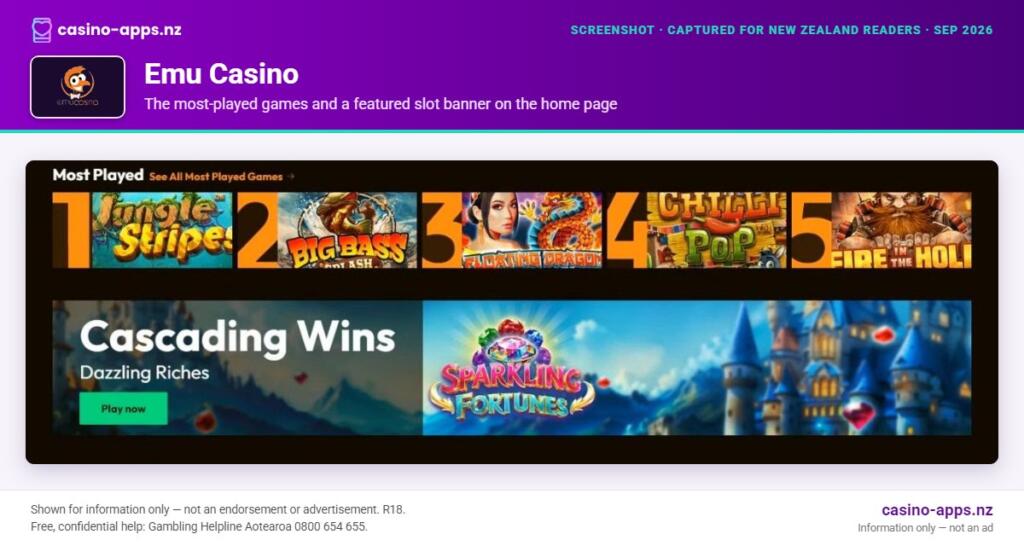 Emu Casino home page section showing what the casino offers, captured for New Zealand players (September 2026)