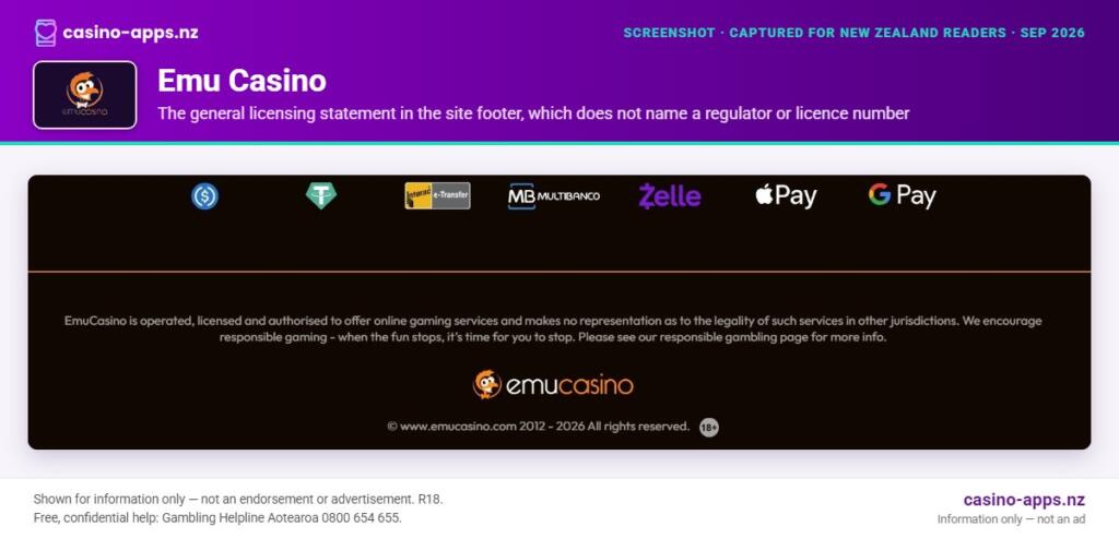 Emu Casino licence and operator details shown on its website, reviewed for New Zealand players (September 2026)
