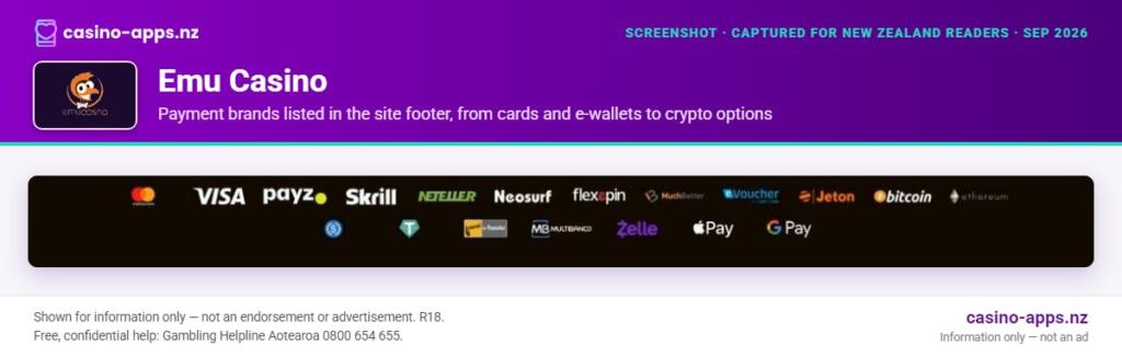 Emu Casino payment options shown on its website, captured for New Zealand players (September 2026)