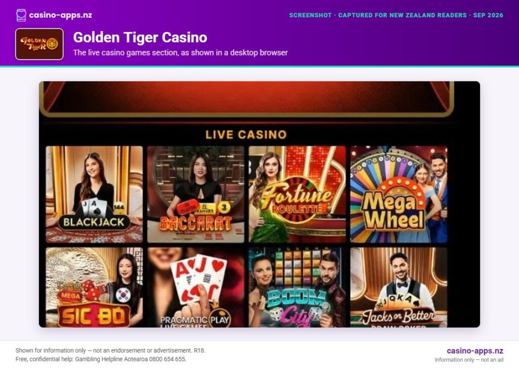Golden Tiger Casino games lobby as it appears in a desktop browser, captured for New Zealand players (September 2026)