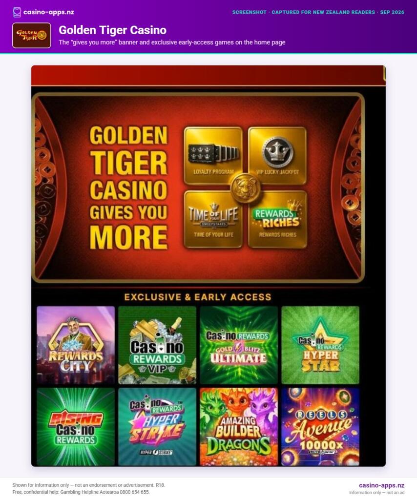 Golden Tiger Casino home page section showing what the casino offers, captured for New Zealand players (September 2026)