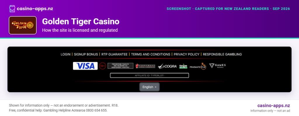 Golden Tiger Casino licensing and regulatory details, reviewed for New Zealand players (September 2026)