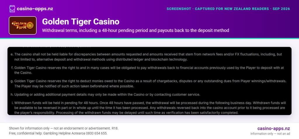 Golden Tiger Casino payment and withdrawal information, reviewed for New Zealand players (September 2026)