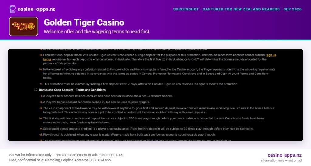 Golden Tiger Casino welcome bonus and wagering terms, explained for New Zealand players (September 2026)