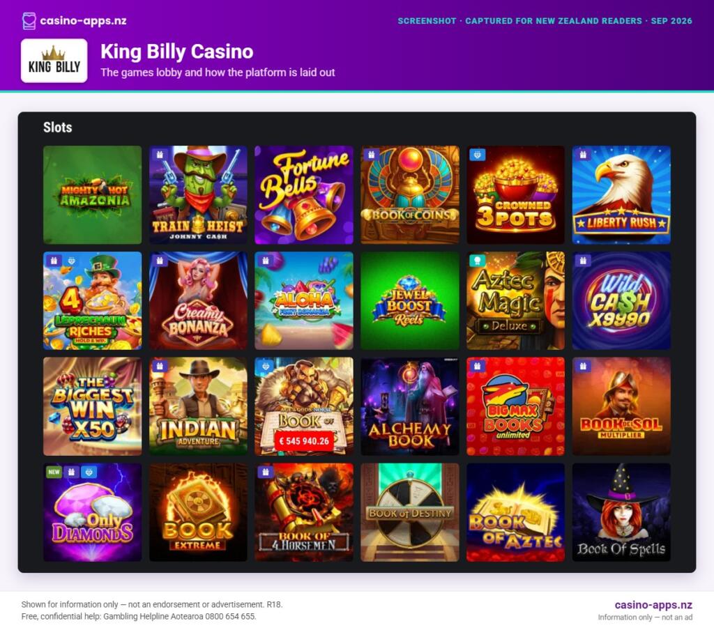 King Billy Casino games lobby and platform layout as seen by New Zealand players (September 2026)