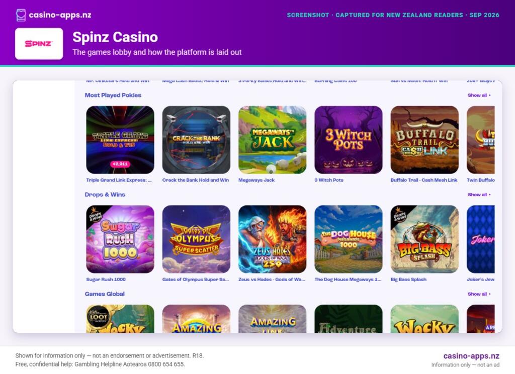 Spinz Casino games lobby and platform layout as seen by New Zealand players (September 2026)
