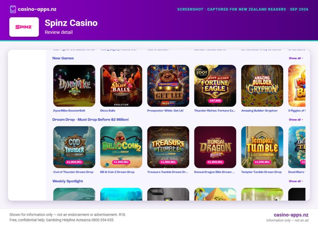 Spinz Casino detail, reviewed for New Zealand players (September 2026)