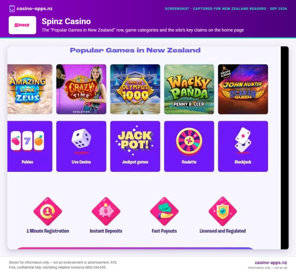 Spinz Casino home page section showing what the casino offers, captured for New Zealand players (September 2026)