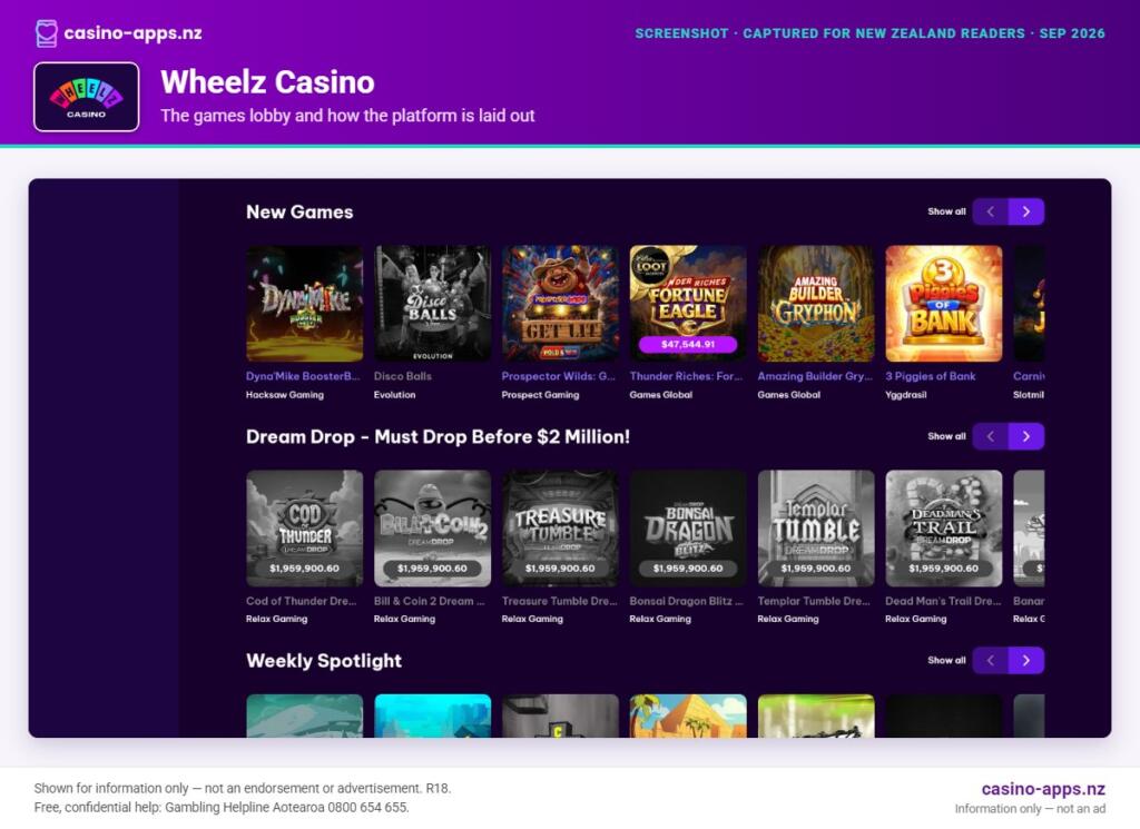 Wheelz Casino games lobby and platform layout as seen by New Zealand players (September 2026)