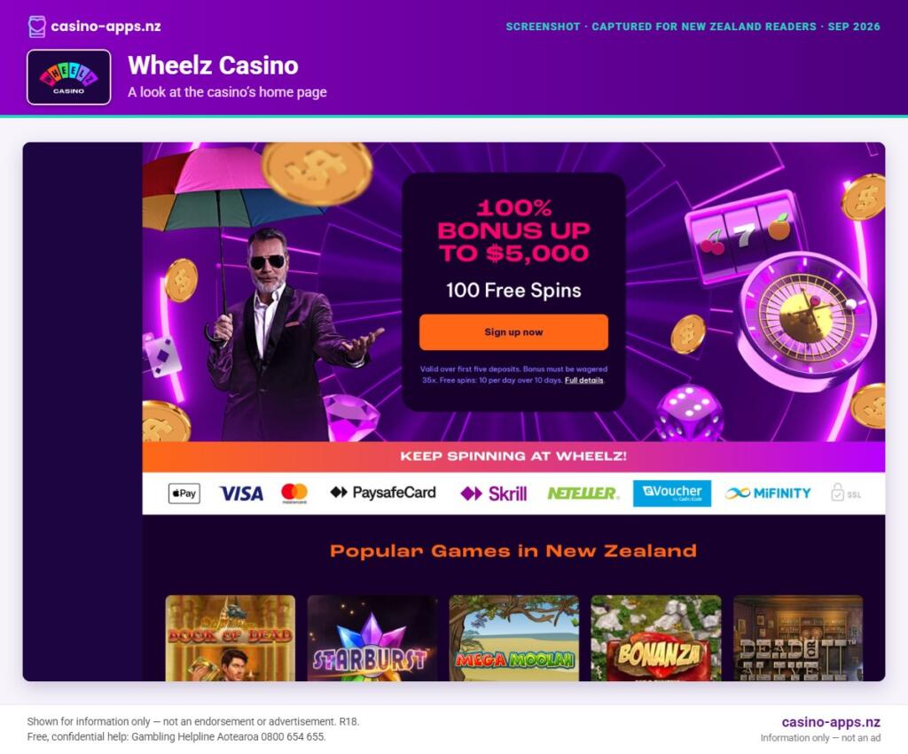 Wheelz Casino online casino home page, captured for a New Zealand player review (September 2026)
