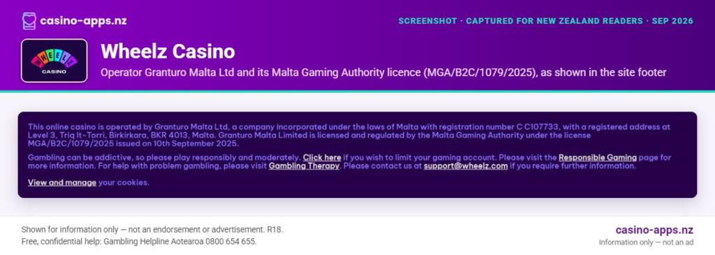 Wheelz Casino licence and operator details shown on its website, reviewed for New Zealand players (September 2026)