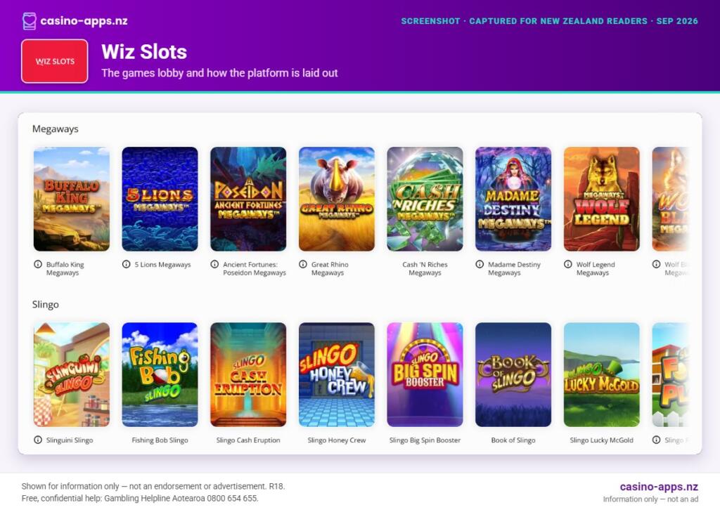 Wiz Slots games lobby and platform layout as seen by New Zealand players (September 2026)