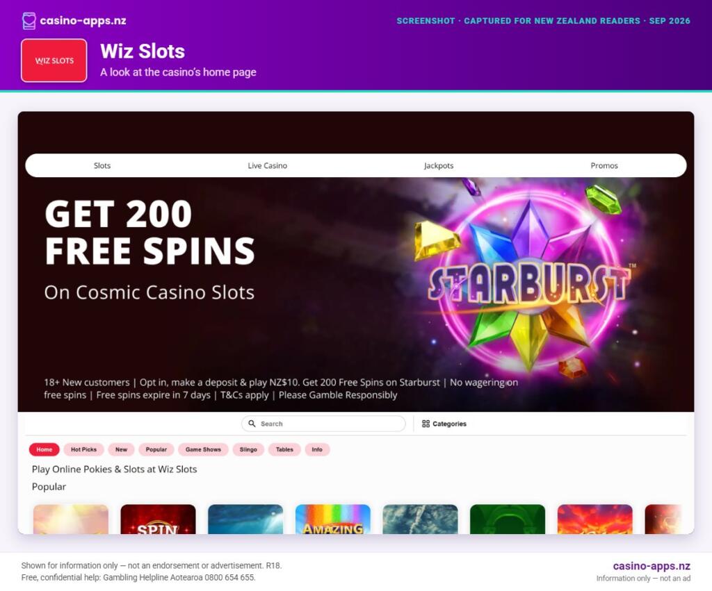 Wiz Slots online casino home page, captured for a New Zealand player review (September 2026)