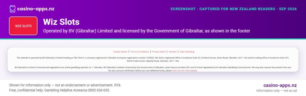 Wiz Slots licence and operator details shown on its website, reviewed for New Zealand players (September 2026)