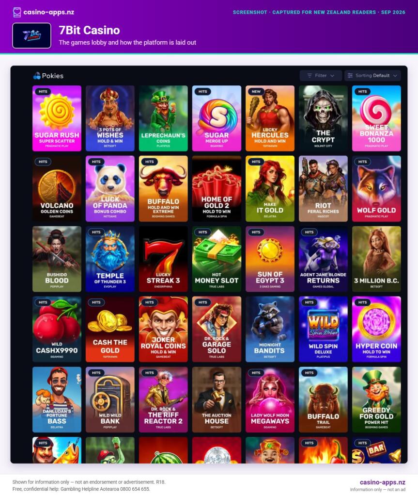 7Bit Casino games lobby and platform layout as seen by New Zealand players (September 2026)